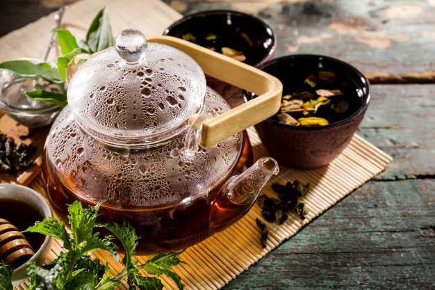tasty fresh green tea glass teapot ceremony old rustic table
